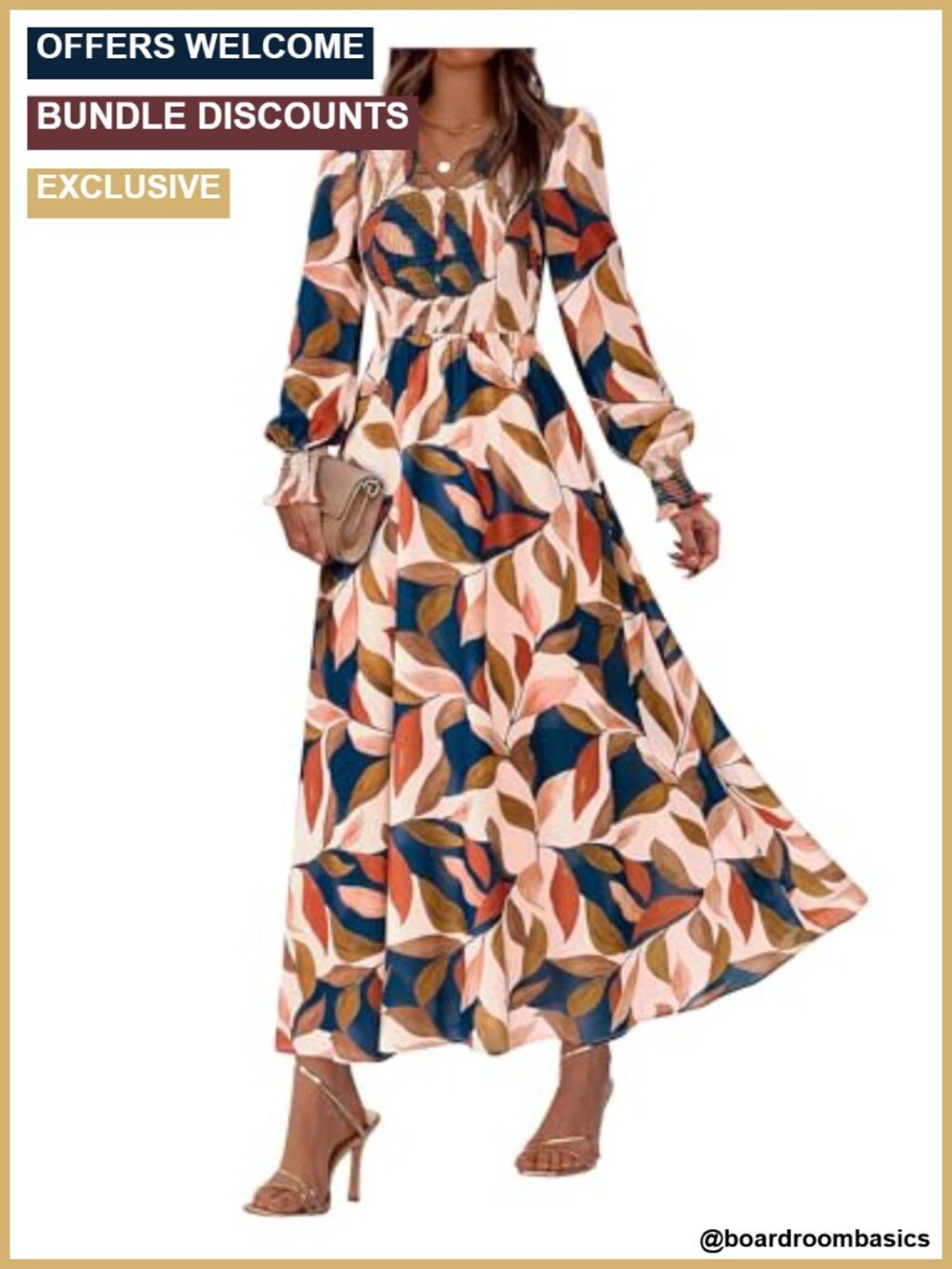 Women's Floral Boho Maxi Dress V-Neck Long Sleeve Smocked Wedding Guest